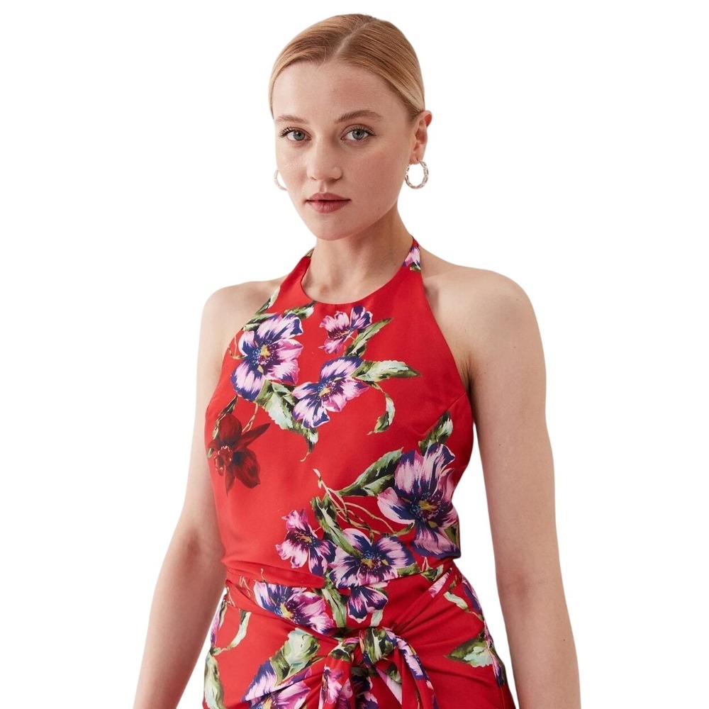Guess Womens Halter Summer Figueroa Floral Mini Dress Red Teal Medium - Picture 4 of 5